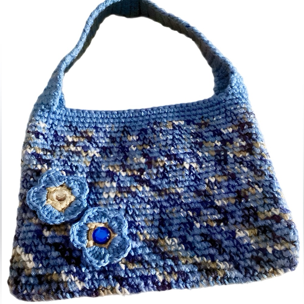 Adorable Crochet Blue & Gray Blended Purse. Connected Shoulder Handle bag